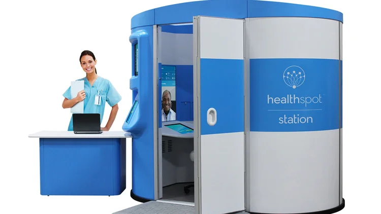 Quiosque da HealthSpot: empresa propõe atendimentos médicos por videoconferência   (Diulgação)