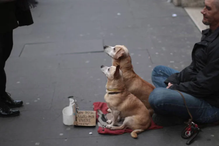 Homem pede esmola junto com seus cachorros em uma das ruas de Roma, na Itália (Spencer Platt/Getty Images)