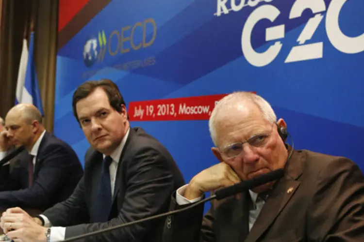 Ministros de finanças de países do G20 em uma conferência de imprensa durante a reunião do grupo em Moscou, na Rússia (Grigory Dukor/Reuters)