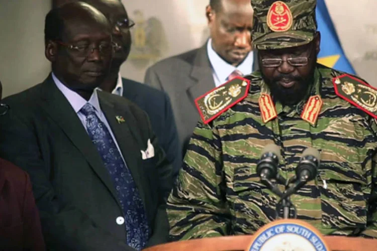 Salva Kiir, presidente do Sudão do Sul, durante conferência de imprensa no Palácio Presidencial, na capital Juba (Hakim George/Reuters)
