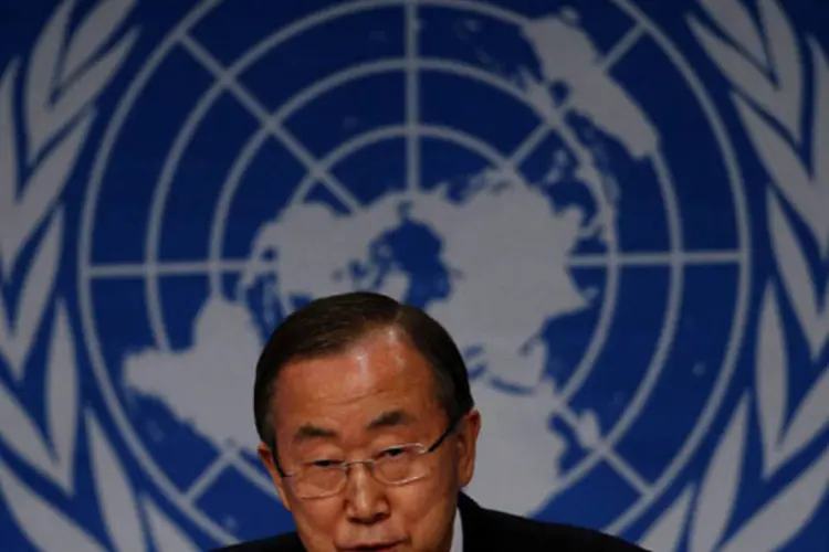 Secretário-geral da ONU, Ban Ki-moon, discursa durante a conferência após o encontro de Geneva-2, que busca uma solução para a guerra da Síria (Arnd Wiegmann/Reuters)