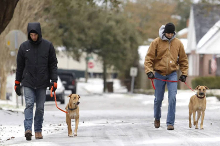 Pedestres caminhando seus cachorros em uma rua coberta com neve em Mobile, Alabama (Lyle Ratliff/Reuters)