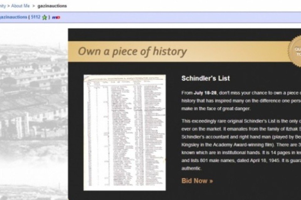 Lista de Schindler original é colocada à venda no eBay