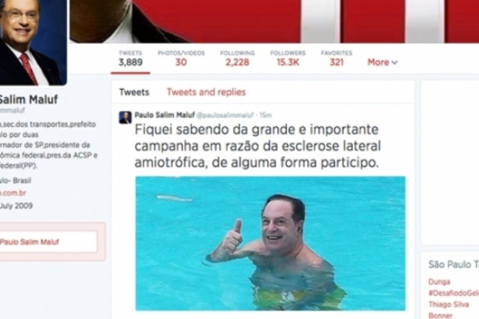 No Twitter, Paulo Maluf tenta participar do desafio do balde de gelo