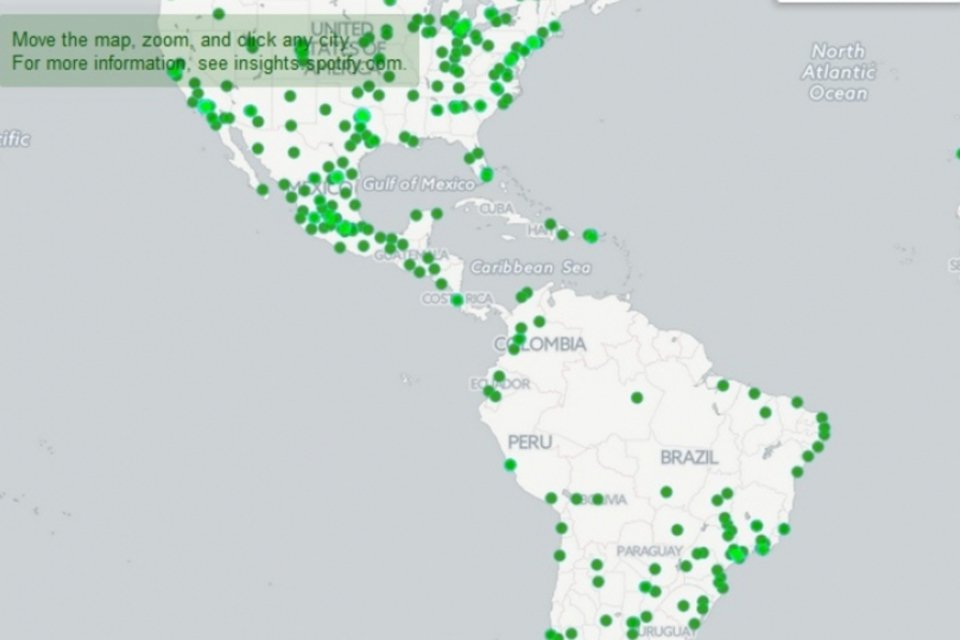 Mapa do Spotify mostra as músicas mais ouvidas em várias cidades pelo mundo