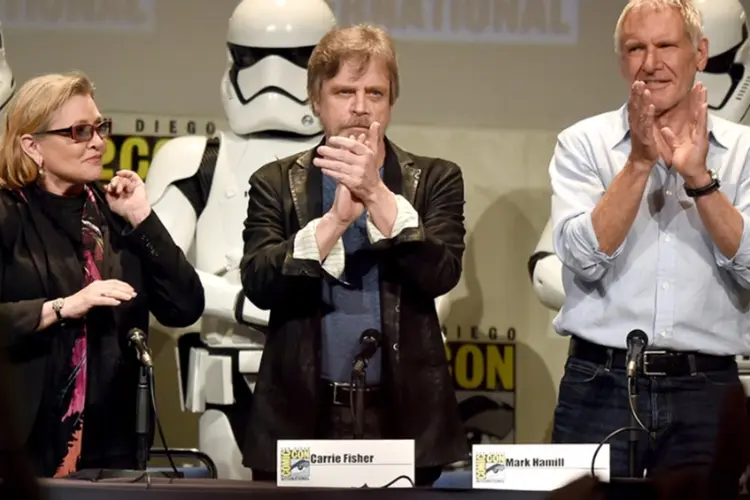 Mark Hamill, Carrie Fisher e Harrison Ford na ComicCon, San Diego, 2015 (Getty Images)