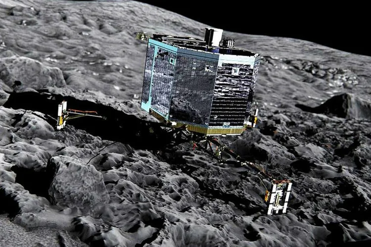 
	Ilustra&ccedil;&atilde;o do pouso do rob&ocirc; Philae: rob&ocirc; pousou em cometa a mais de 510 milh&otilde;es de quil&ocirc;metros da Terra
 (Rosetta Mission/Facebook)