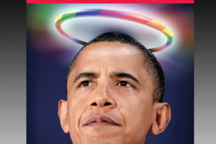 A capa da edição da "Newsweek" de 21 de maio mostra uma foto do presidente com uma auréola com as cores do arco-íris (Reprodução)