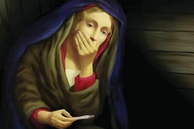 Anúncio impresso de natal que mostra Maria com um teste de gravidez (Reprodução)