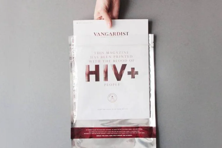 
	Campanha da Saatchi &amp; Saatchi para Vangardist, com sangue de pessoas contaminadas com o v&iacute;rus da Aids
 (Reprodução/Vangardist)