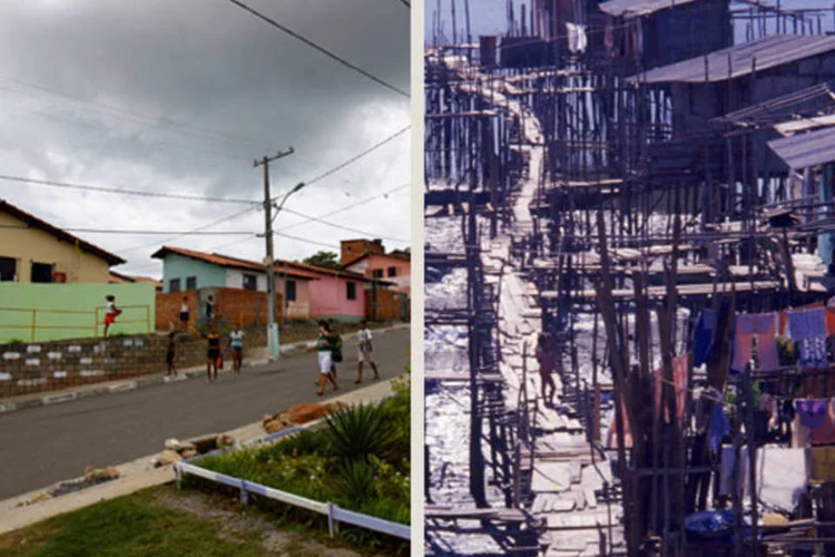 Alagados, na periferia de Salvador, na Bahia: um projeto de reurbanização bem-sucedido tirou 24 000 famílias de moradias precárias e as levou para conjuntos habitacionais dotados de infraestrutura (esq.). Na década de 90 (dir.), dezenas de milhares de pessoas viviam em palafitas na área (Reprodução)