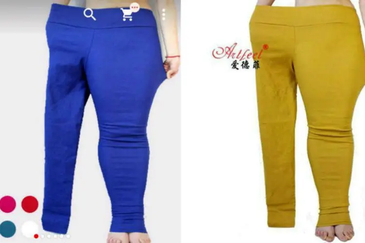 Anúncio de calça para mulheres: modelo magra dentro de calça "plus size" (Alibaba)