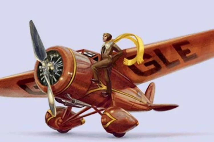 No Doodle, Amelia Earhart aparece ao lado do Lockheed Vega 5B que ela pilotou na travessia do Atlântico em 1932 (Reprodução)