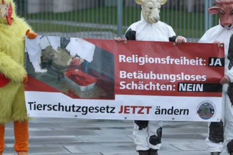 Protesto contra abate de animais em Berlim, com pessoas fantasiadas (Sean Gallup/Getty Images)