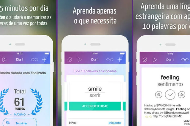 No aplicativo, palavras novas e testes rápidos se alternam, para ajudar na fixação do conteúdo (Divulgação)