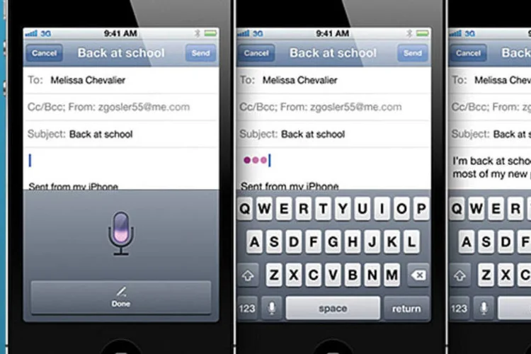 O iOS 5 inclui também um recurso de ditado, acionado por meio de um toque num ícone em forma de microfone no teclado. Assim, é possível pronunciar as palavras em vez de digitá-las. Mas essa função também não deve funcionar em português (Reprodução)