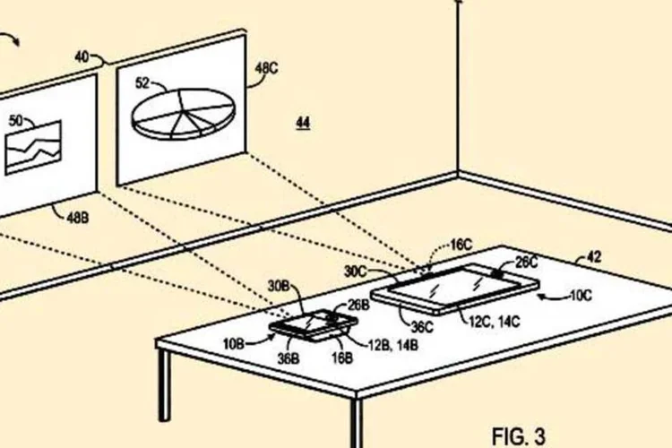 Nesta ilustração, que é parte do pedido de patente da Apple, um iPhone e um iPad projetam imagens numa tela, formando uma grande área de trabalho conjunta  (USPTO / Apple)