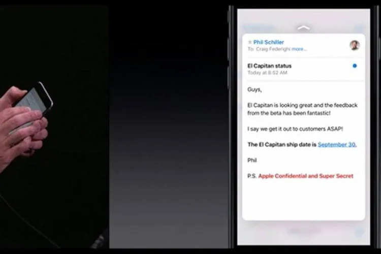 
	A data foi revelada durante uma demo da fun&ccedil;&atilde;o 3D touch (que permite usar a press&atilde;o do dedo sobre a tela) dos novos iPhones
 (Reprodução/Apple)