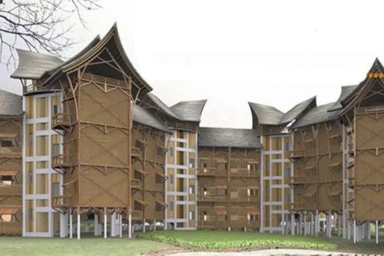 O conceito de habitação é um prédio de três andares construído sobre palafitas com um núcleo resistente a terremoto, ventanias e tempestades (Vasanth Packirisamy and Team)