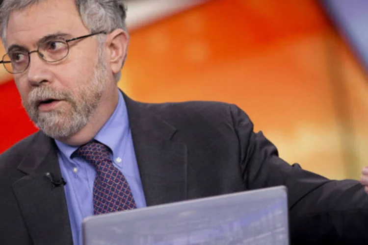 Prêmio Nobel Paul Krugman, professor de comércio exterior e economia em Princeton, discursa durante entrevista de TV para a Bloomberg, em Nova York (Scott Eells/Bloomberg)