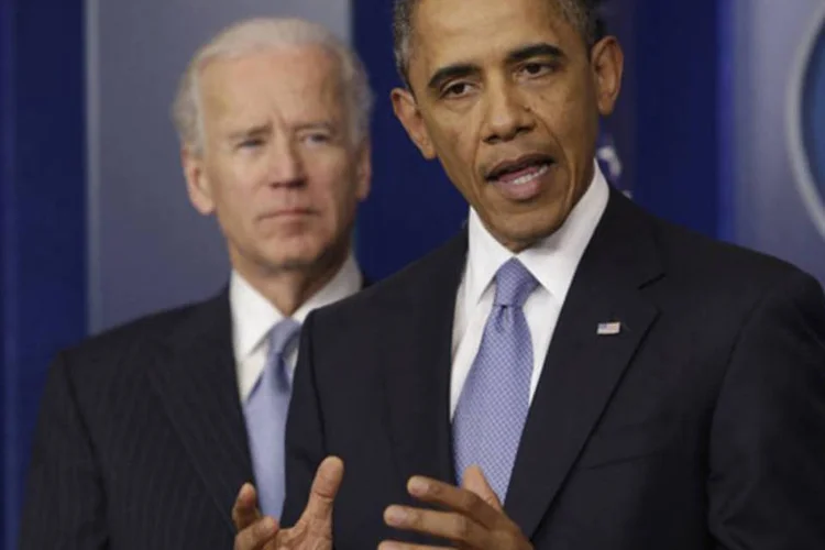 
	O presidente americano Barack Obama discursa na Casa Branca em 1&ordm; de janeiro: &quot;esta noite cumprimos a promessa gra&ccedil;as aos votos dos democratas e dos republicanos&quot;&nbsp;
 (Chris Kleponis/AFP)
