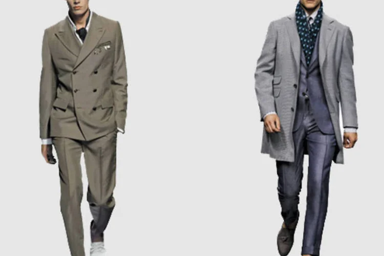 Nas coleções de verão 2013, a Louis Vuitton apostou no costume de abotoamento duplo com top sider (esquerda) e a Canali, na barra italiana com mocassim (Reprodução)