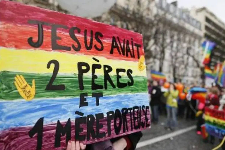 
	Mulher segura cartaz dizendo &quot;Jesus teve dois pais e uma m&atilde;e de barriga de aluguel&quot;
 (Kenzo Tribouillard/AFP)