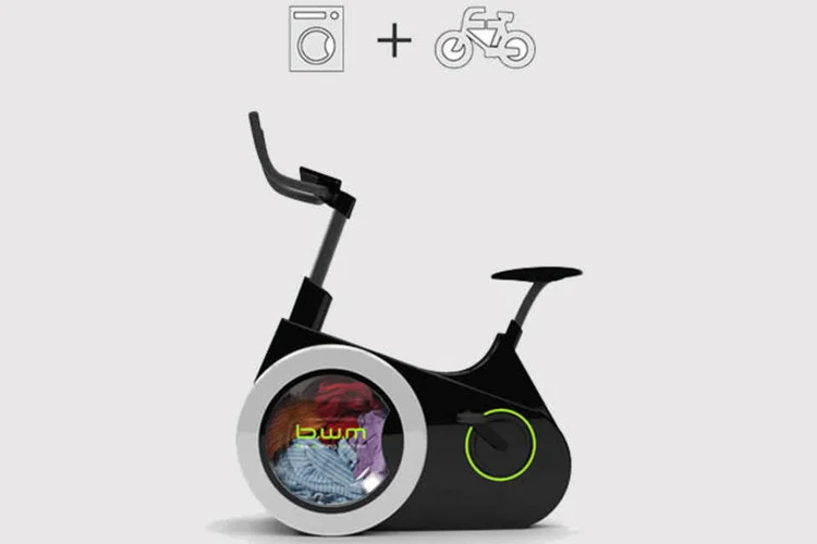 Batizada de Bike Washing Machine (BWM), trata-se de um produto dois em um: bicicleta ergométrica e máquina de lavar roupas (Divulgação)