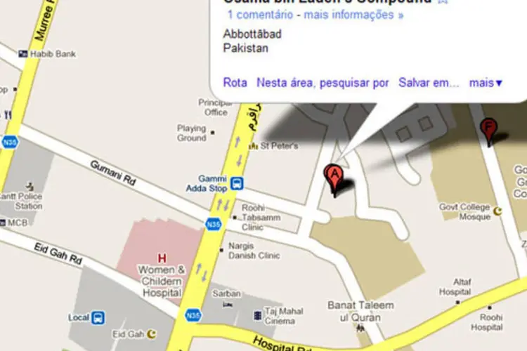 No Google Maps, vários usuários assinalaram o local do esconderijo de Osama bin Laden, em Abbottabad, no Paquistão (Reprodução)