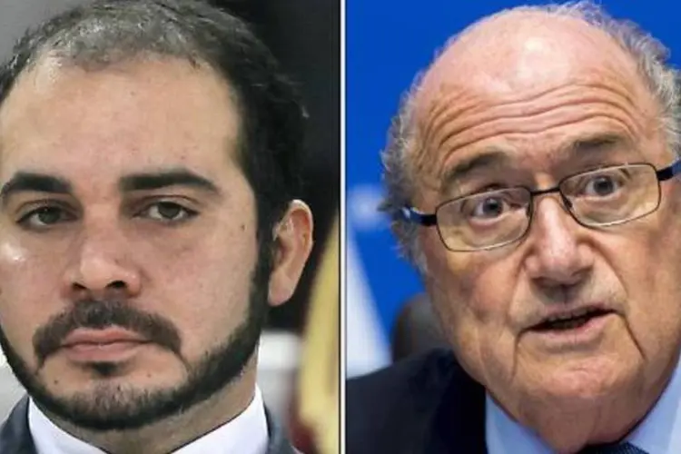 Ali bin al-Hussein (e) e Joseph Blatter: Blatter é o grande favorito à reeleição, diante do Príncipe jordaniano Ali Bin Al Hussein, de 39 anos, único candidato de oposição que sobrou (AFP/ FABRICE COFFRINI, KARIM JAAFAR)
