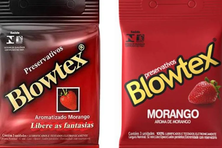 Embalagem e logo da Blowtex antes (esquerda) e depois (direita) (Divulgação)