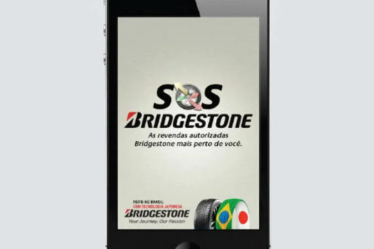 Aplicativo de celular da Bridgestone que permite localizar revendas de pneus da marca (Divulgação)