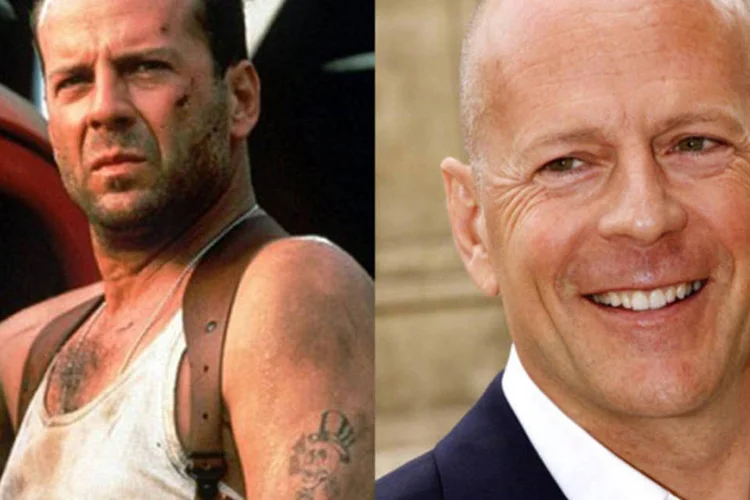 Antes e depois do ator Bruce Willis, com cabelo e careca (Reprodução)