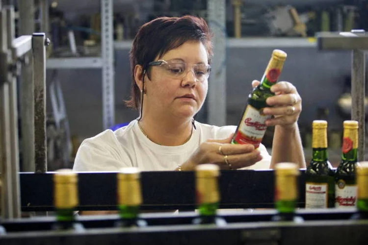 
	Trabalhadora inspeciona uma garrafa de Budweiser Budvar na sede da cervejaria Budejovicky Budvar
 (Martin Divisek/Bloomberg)