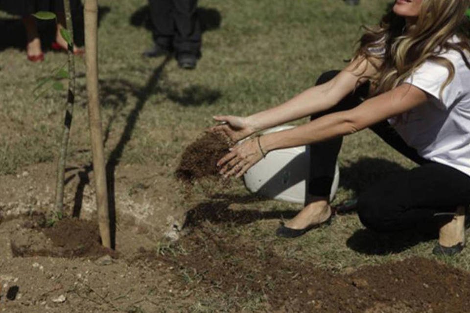 Gisele Bündchen planta árvore para marcar Dia do Meio Ambiente