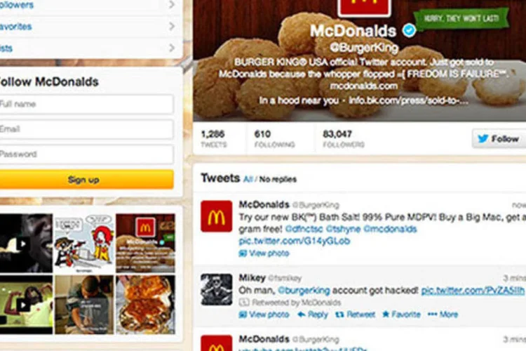 
	Burger King no Twitter: hackers publicaram tu&iacute;tes obscenos e mudaram a identidade visual do perfil da rede pelo de seu maior rival, McDonald&#39;s
 (Reprodução/Exame.com)