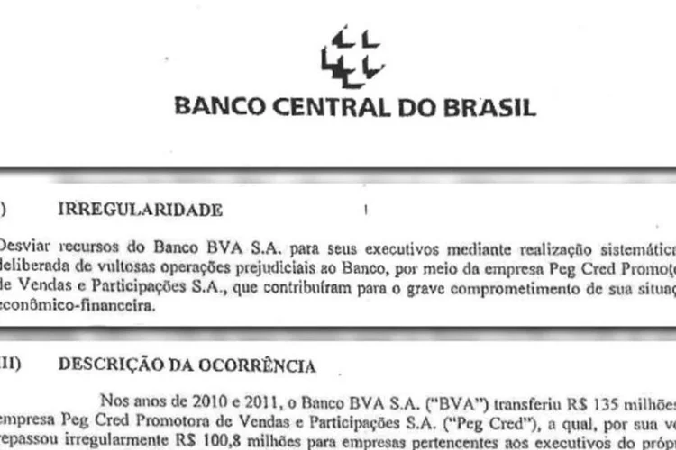 Parte do relatório do BC: recursos repassados a diretores teriam agravado situação do BVA (Reprodução)