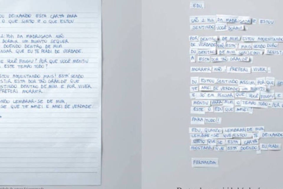 Campanha contra o suicídio: textos de cartas feitas por suicidas foram reescritos, utilizando as mesmas palavras, de forma com que os autores chegassem a conclusões diferentes (Reprodução)