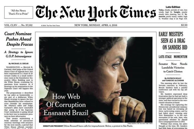 
	Capa do The New York Times: texto conta epis&oacute;dios envolvendo o senador Delc&iacute;dio do Amaral e avalia que governo Dilma est&aacute; perto do &quot;colapso&quot;.
 (Reprodução)
