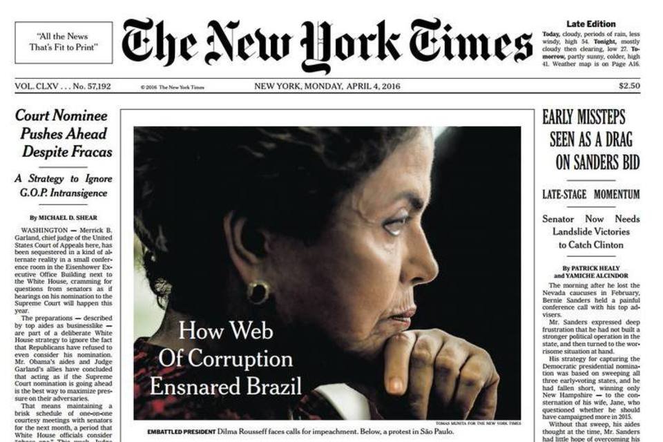 Capa do New York Times destaca a crise política no Brasil