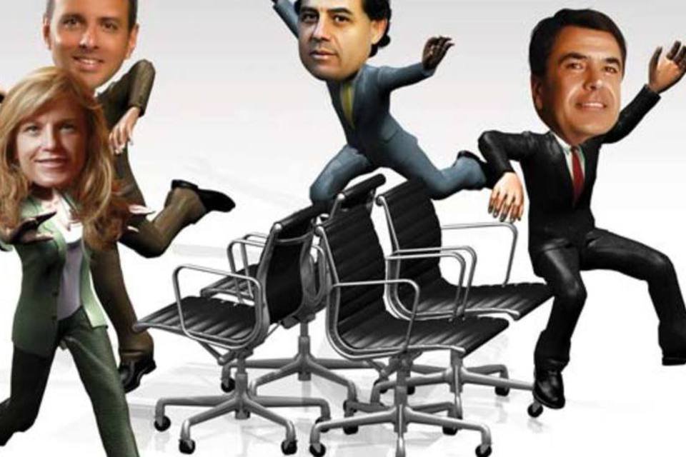 Ex-CEOs da GM, Facebook, Redecard e Oi: cadeiras quentes (Ilustração: Tato Araújo, Fotos: Clayton de Souza, Raul Junior, Marcelo Correa e Alexandre Battibugli)