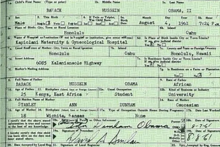 A certidão de nascimento de Barack Obama: documento comprova que presidente nasceu nos EUA (Divulgação/White House)