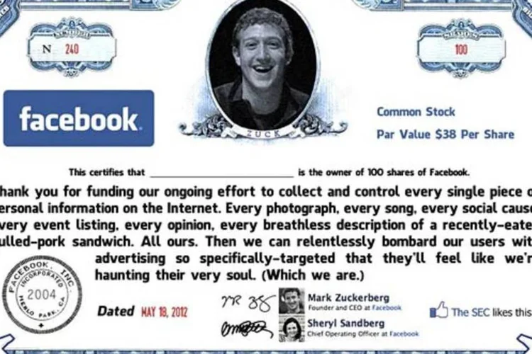 "A SEC curte isto", diz o certificado de ações do Facebook criado pela Mad (Reprodução / Mad)