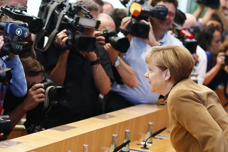 Chanceler da Alemanha, Angela Merkel, durante uma coletiva de imprensa em Berlim (Thomas Peter/Reuters)