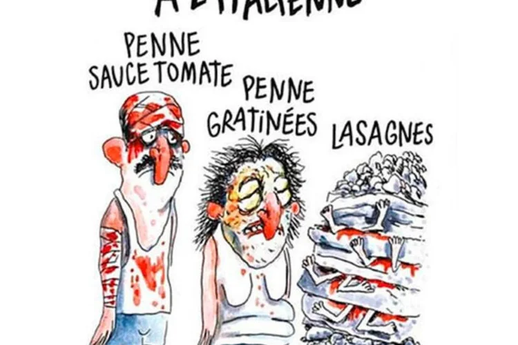 
	Charlie Hebdo: a publica&ccedil;&atilde;o ilustrou suas p&aacute;ginas com charges mostrando as v&iacute;timas da trag&eacute;dia em camadas de lasanha
 (Reprodução)