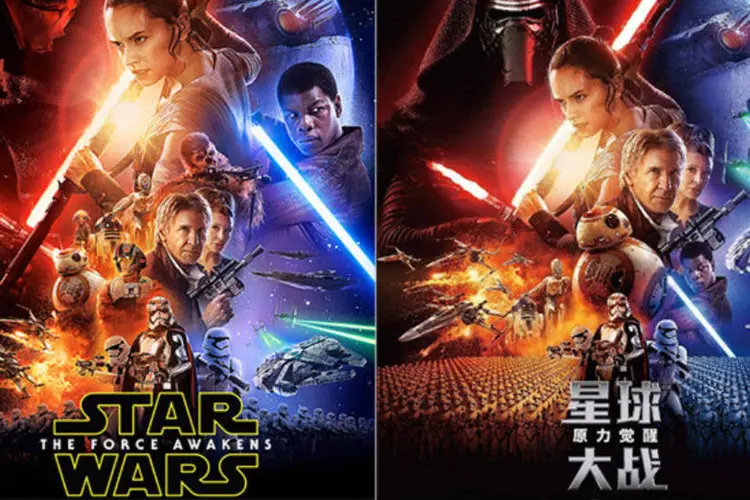 Duas versões do cartaz do novo filme de Star Wars: ator negro foi rejeitado na versão chinesa (Reprodução)