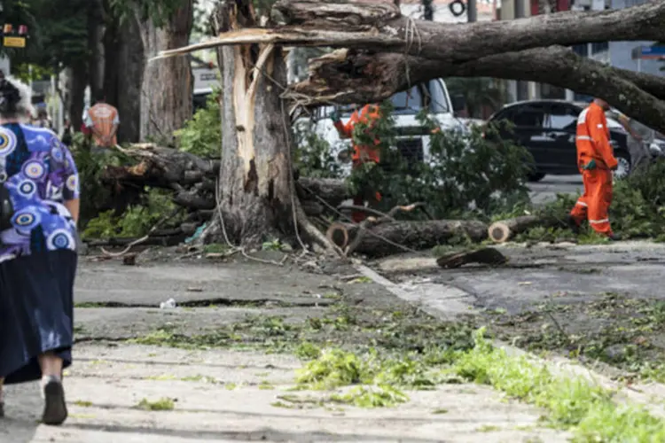 Estragos causados pelas fortes chuvas de ontem (14), em São Paulo: o bairro Pinheiros registrou o maior índice pluviométrico com 100 mm, quase a metade (46%) do previsto para fevereiro". ( Marcelo Camargo/ABr)