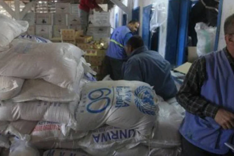 Palestinos distribuem alimentos em um centro da ONU em Gaza: a região é considerada um "território hostil" que enfrenta "severas restrições na esfera civil" (©AFP/File / Mohammed Abed)