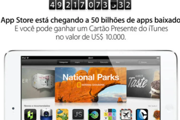 A empresa já colocou um contador na página da iTunes Store, e, no momento em que este post está sendo escrito, o número de aplicativos baixados já passou dos 49.217.000.000 (Reprodução)