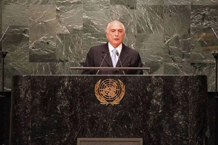 
	Michel Temer, em discurso na 71&ordf; Assembleia Geral da ONU, no dia 20/09/2016: o presidente do Brasil afirmou aos l&iacute;deres mundiais que processo de impeachment de Dilma Rousseff foi &quot;constitucional&quot;
 (Divulgação/ONU)